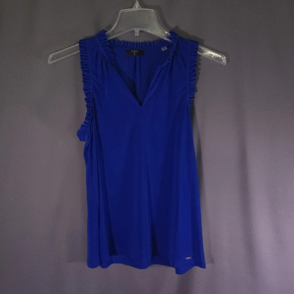 Tahari Sleeveless Blouse V Neck Ruffle Stretchy Size Medium
